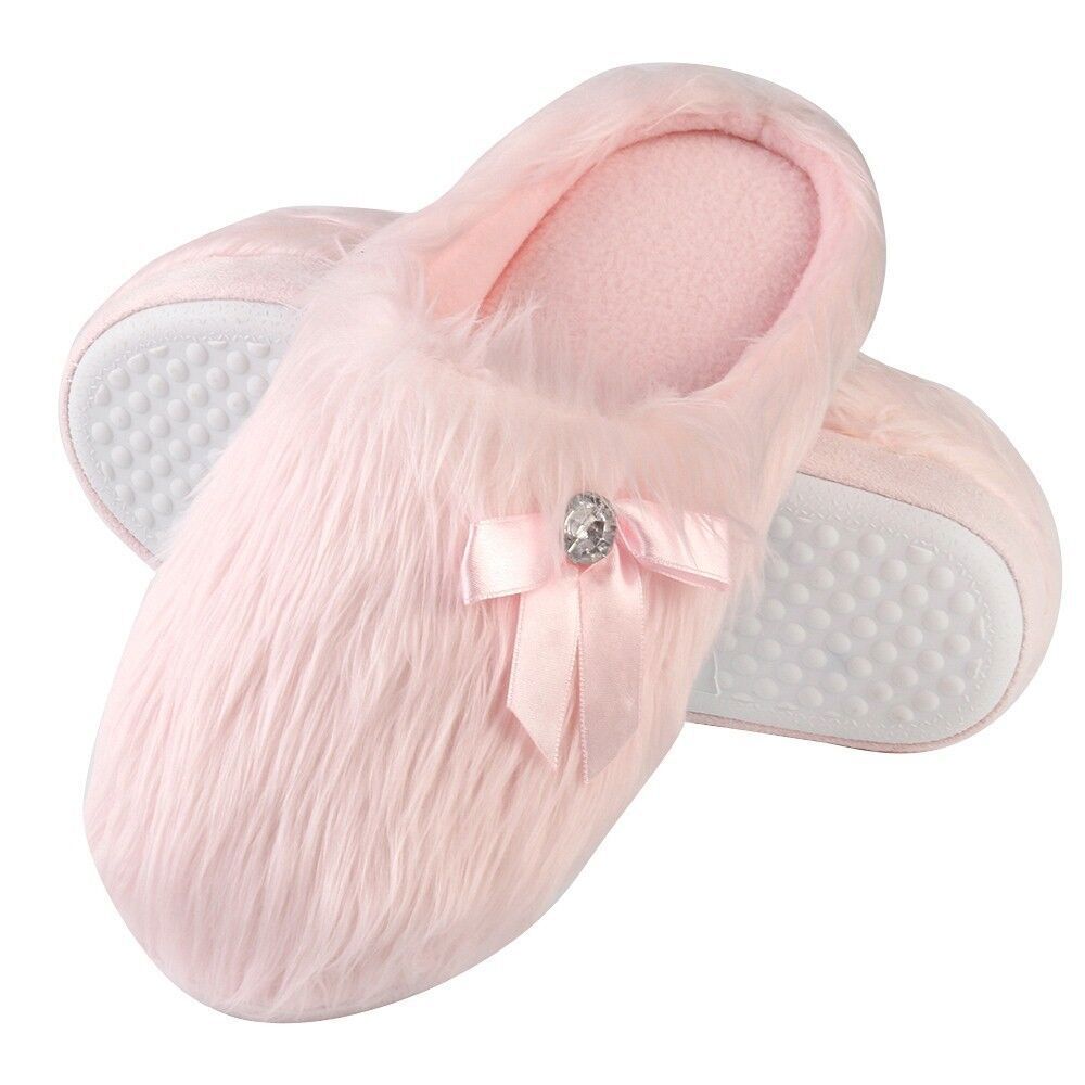 Aerusi Women Soft Faux Fur Fuzzy Plush Anti-Slip Slippers Winter Warm Home Shoes
