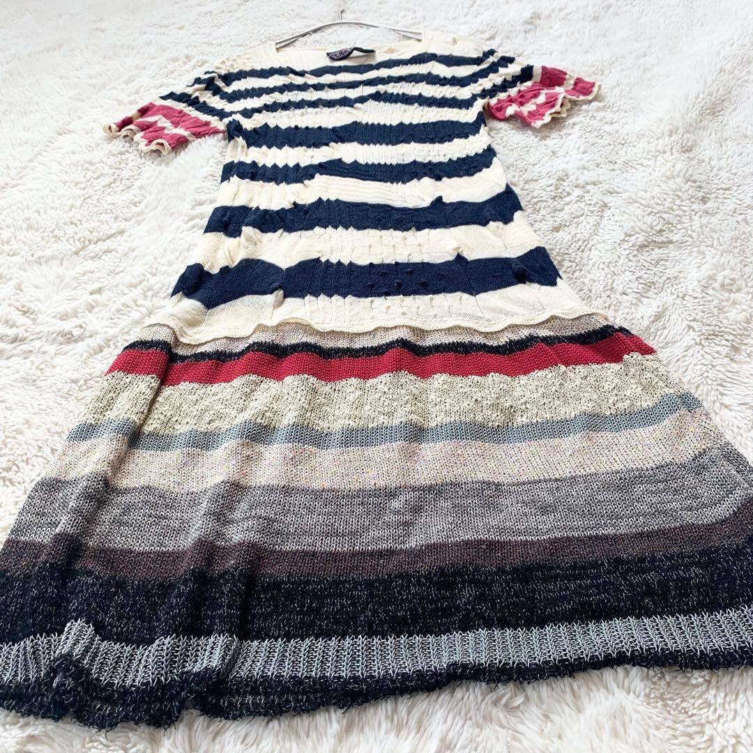 M.&KYOKO Silk Blend Short Sleeve Striped Knee Dress Size 1 Ivory Navy Pink Auth
