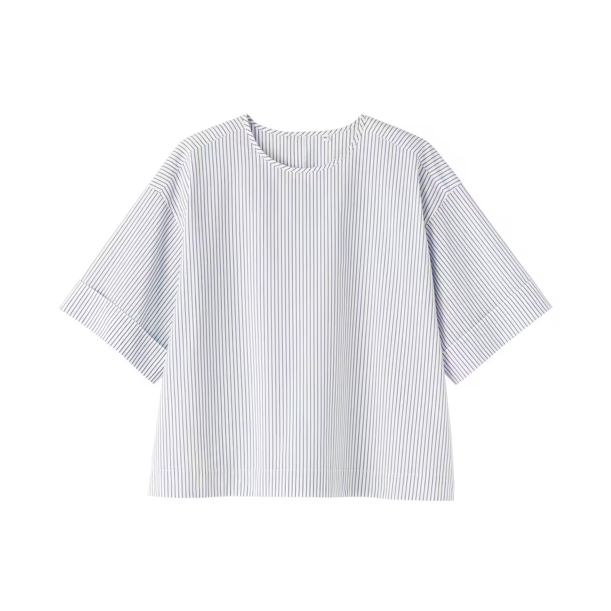 MUJI Womens Quick Dry Broadcloth Half Sleeve Blouse Navy Stripe FedEx