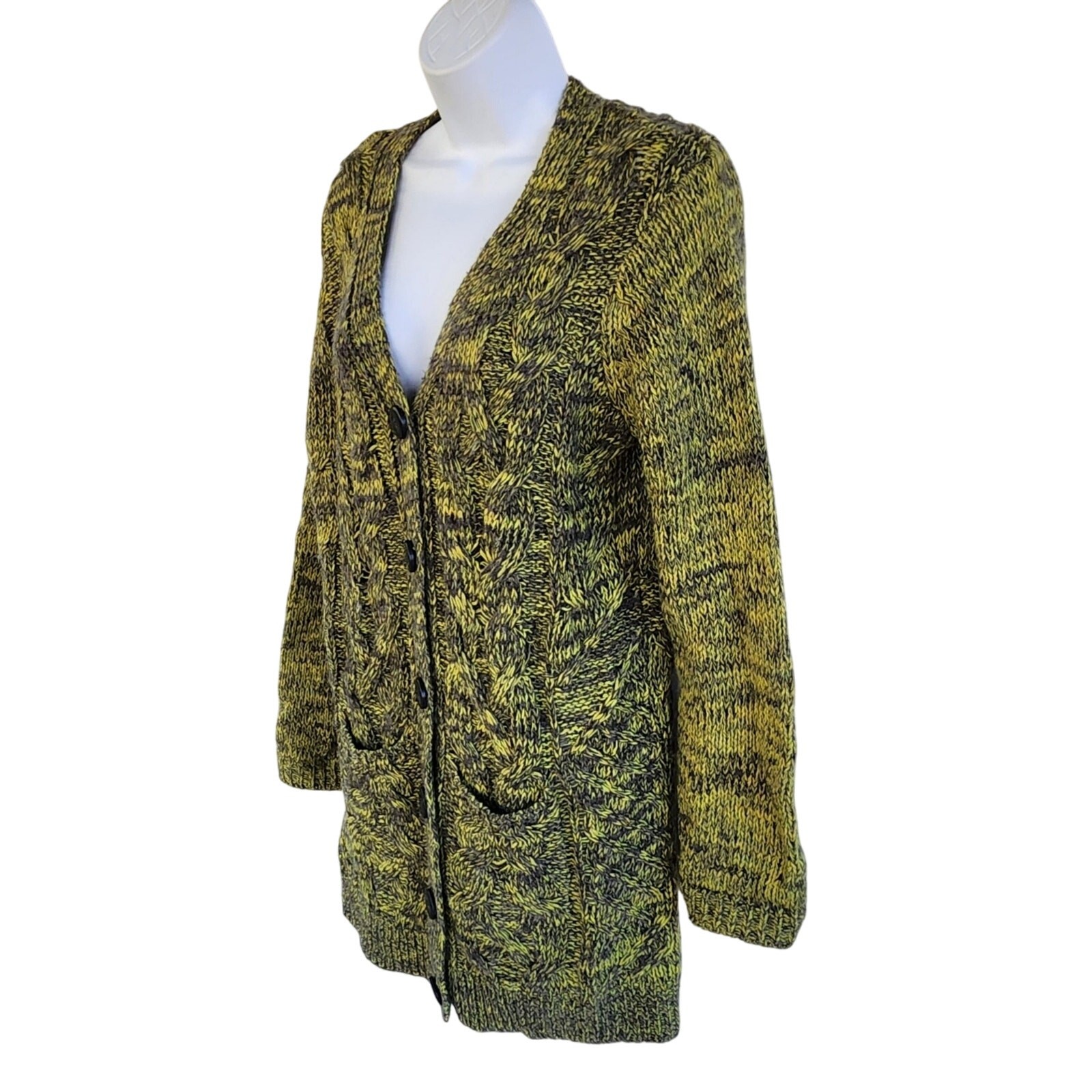 Carole Little Chunky Cable Knit Cardigan Sweater L Marled Olive Green Wool Blend
