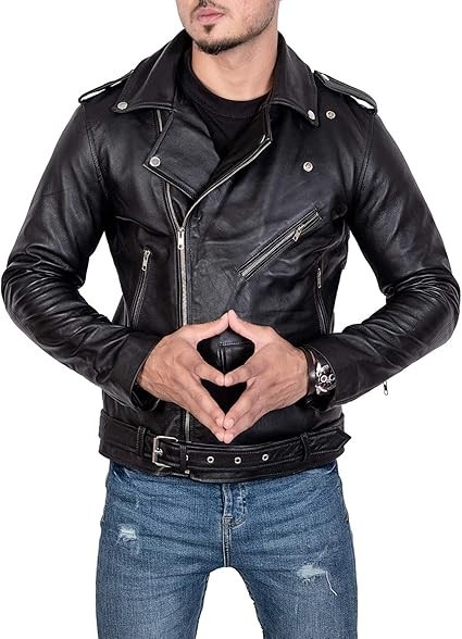 Mens Brando Cowhide Leather Jacket Motorcycle Black Marlon Biker Jacket Classic