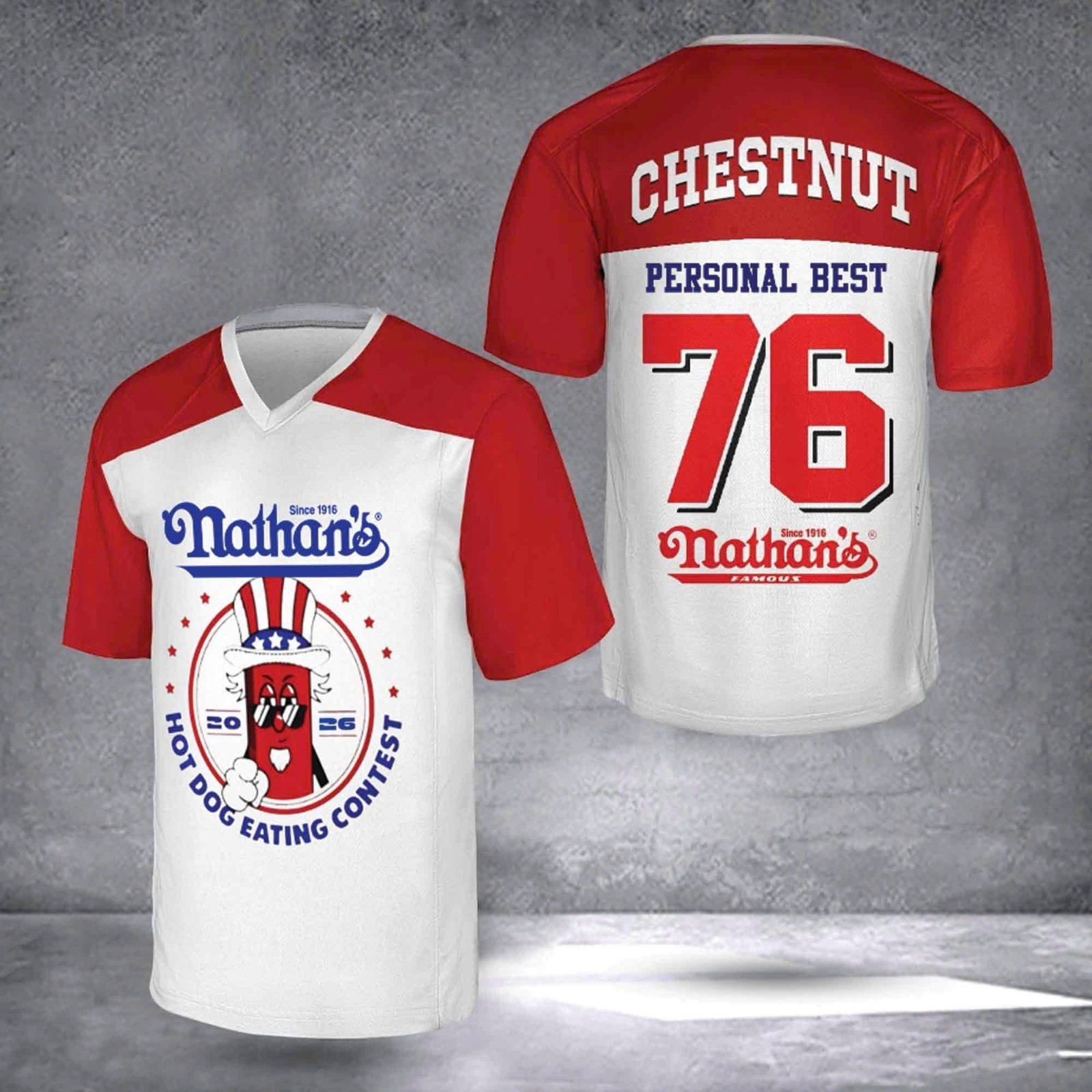 Joey Chestnut 76 Personal Best T-Shirt, Nathan’s Hot Dog Eating Contest Jersey
