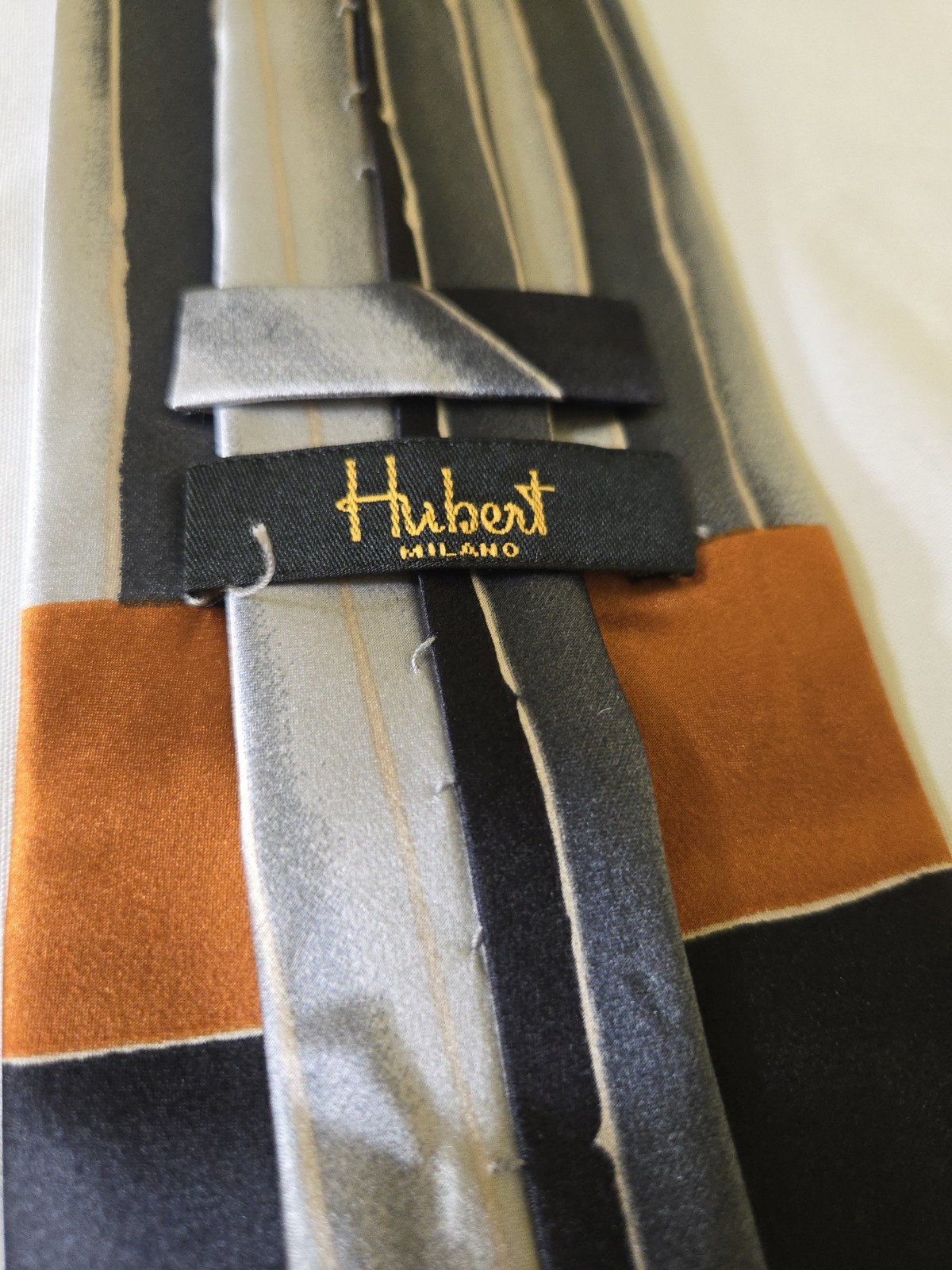 Hubert Milano Men’s Silk Satin Striped Pointed Tie Black Gray Brown Gold