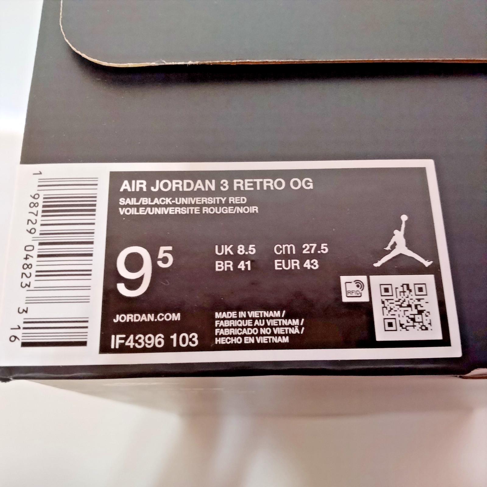 Nike Air Jordan 3 Retro OG Sail Black University Red IF4396-103 Men’s US 9.5 New