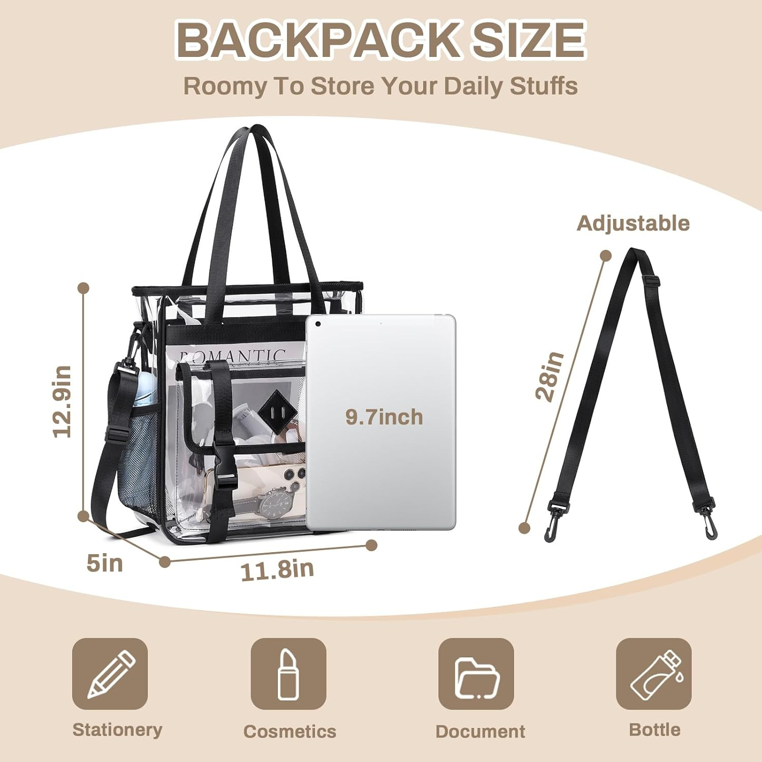 Clear Tote Bag Stadium Approved 12X6X12, Thickened Heavy Duty PVC Transparent To
