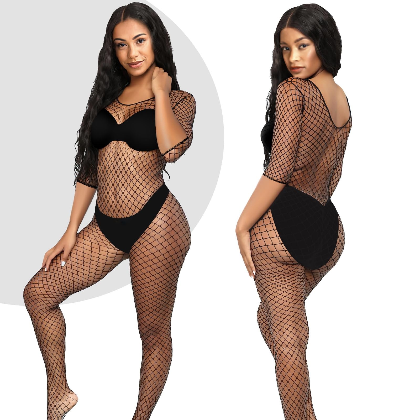 3 Packs Women Fishnet Bodysuits Mesh Bodystocking Fishnet Lingerie Long Sleeve B