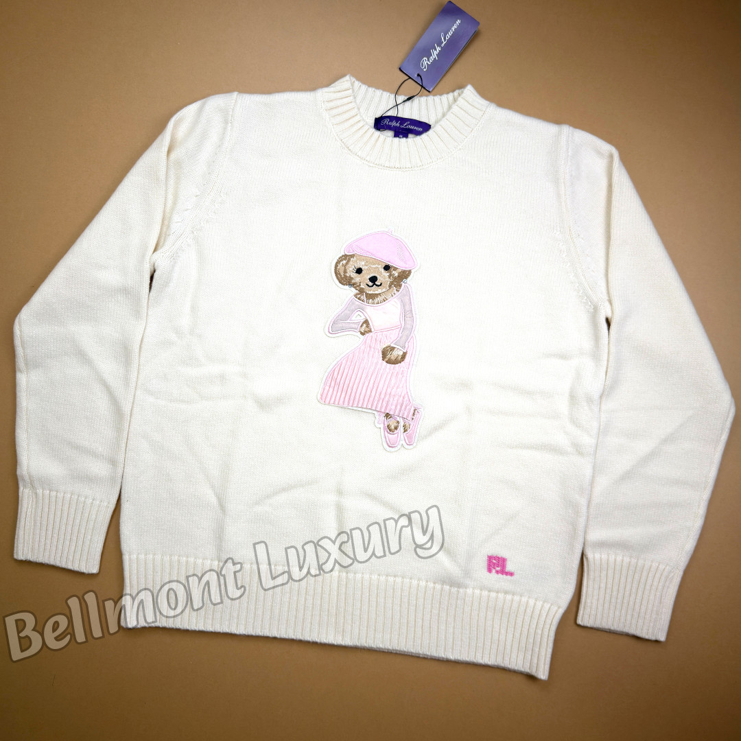 RALPH LAUREN Women’s White Pink Polo Bear Crewneck Knit Sweater NWT Size Medium