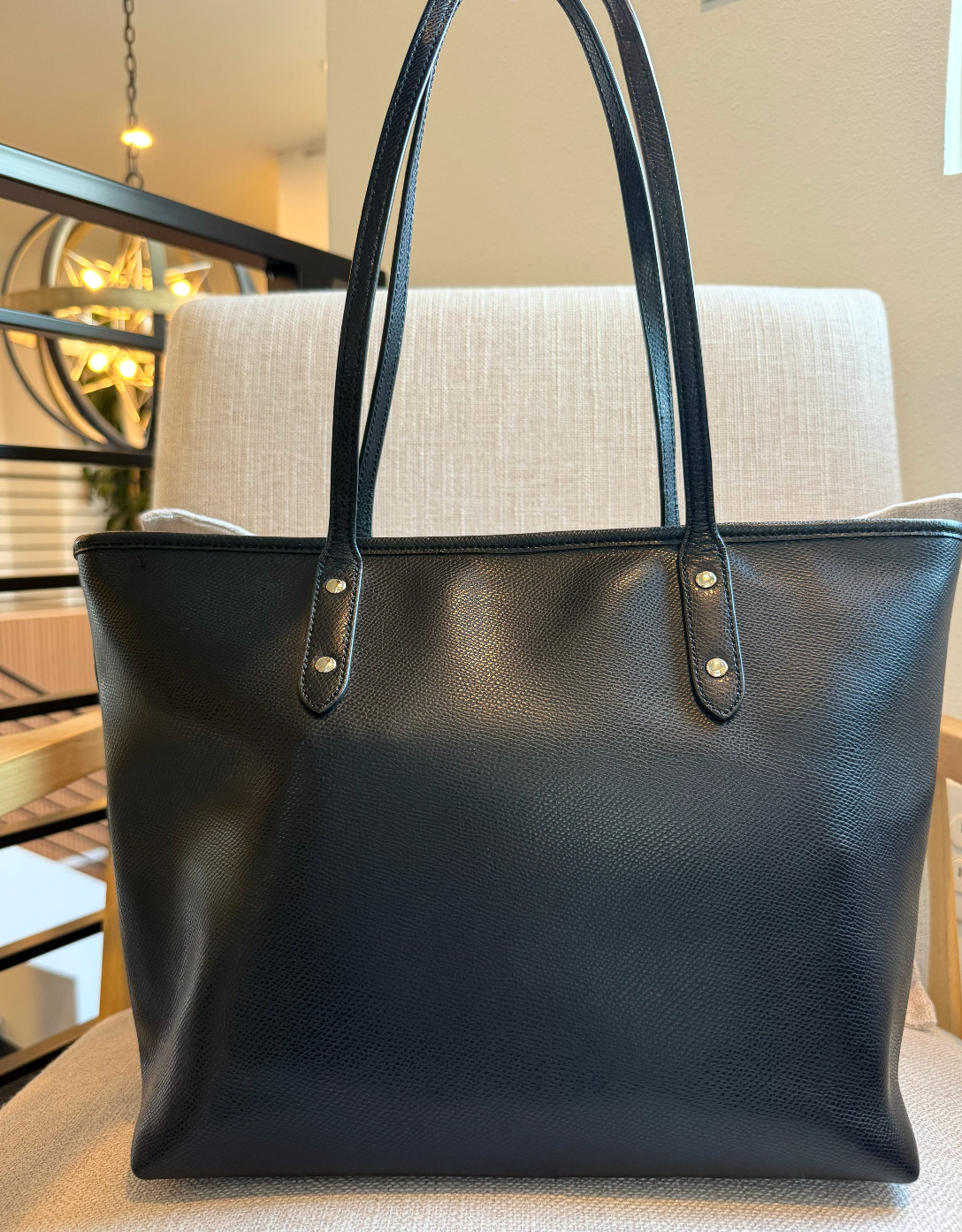 COACH Black Crossgrain Leather Tote Bag & Matching Cosmetic Pouch Case 2pc Bundl