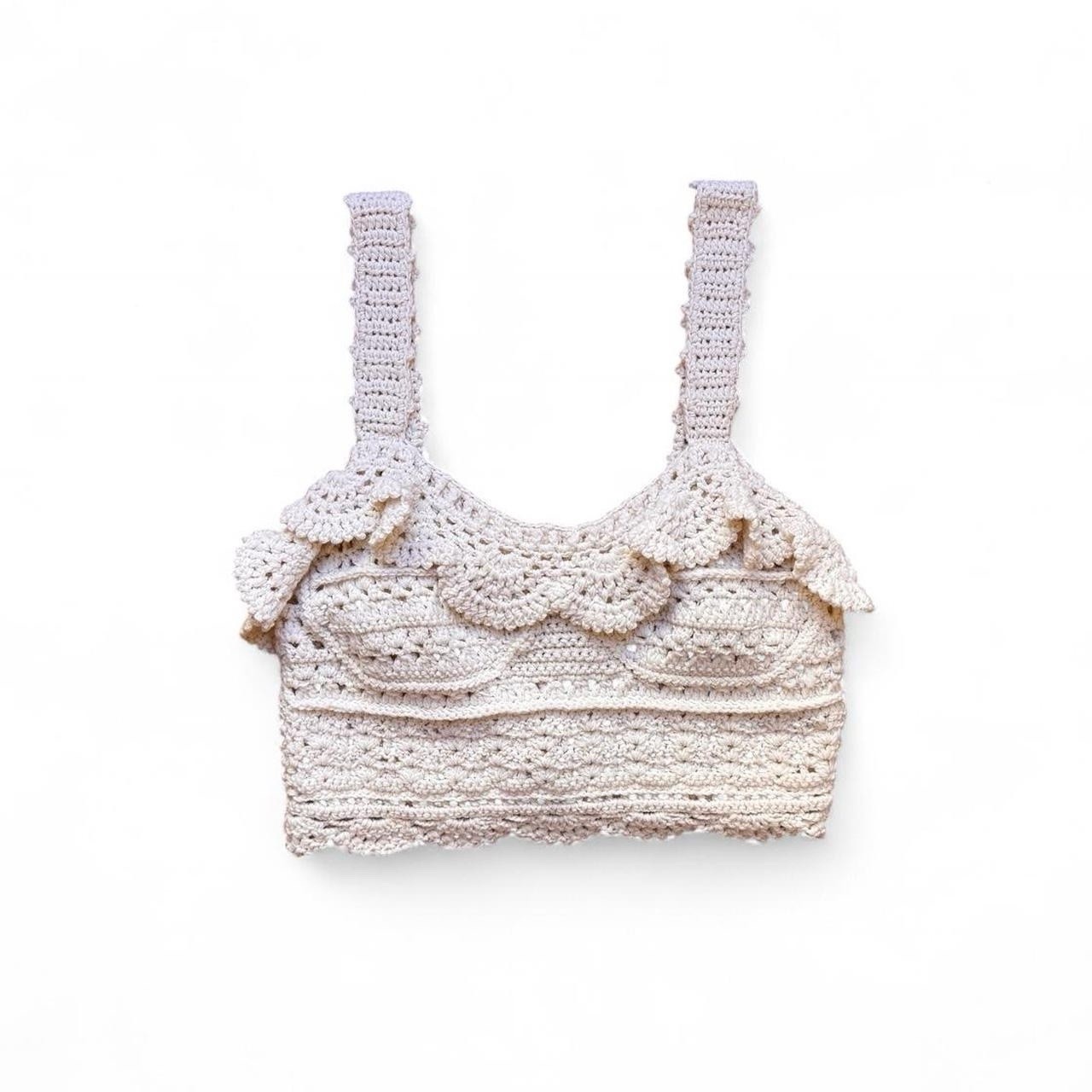 Sea NY Cream Boho Crochet Knit Ruffle Sleeveless Tank Top Size Small