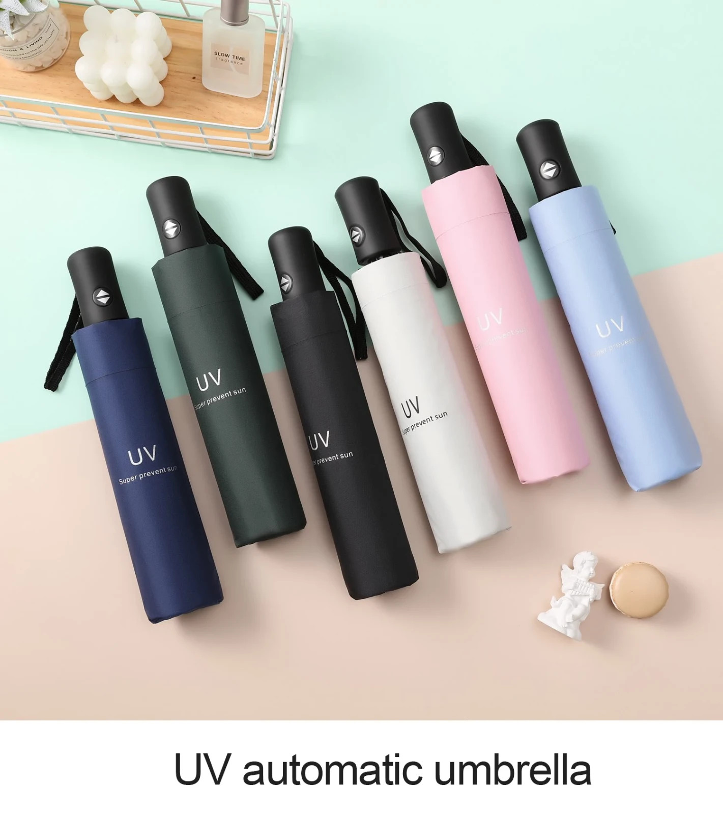 Strong Windproof Compact Umbrella One Click Automatic Open 3 Fold Rain Travel