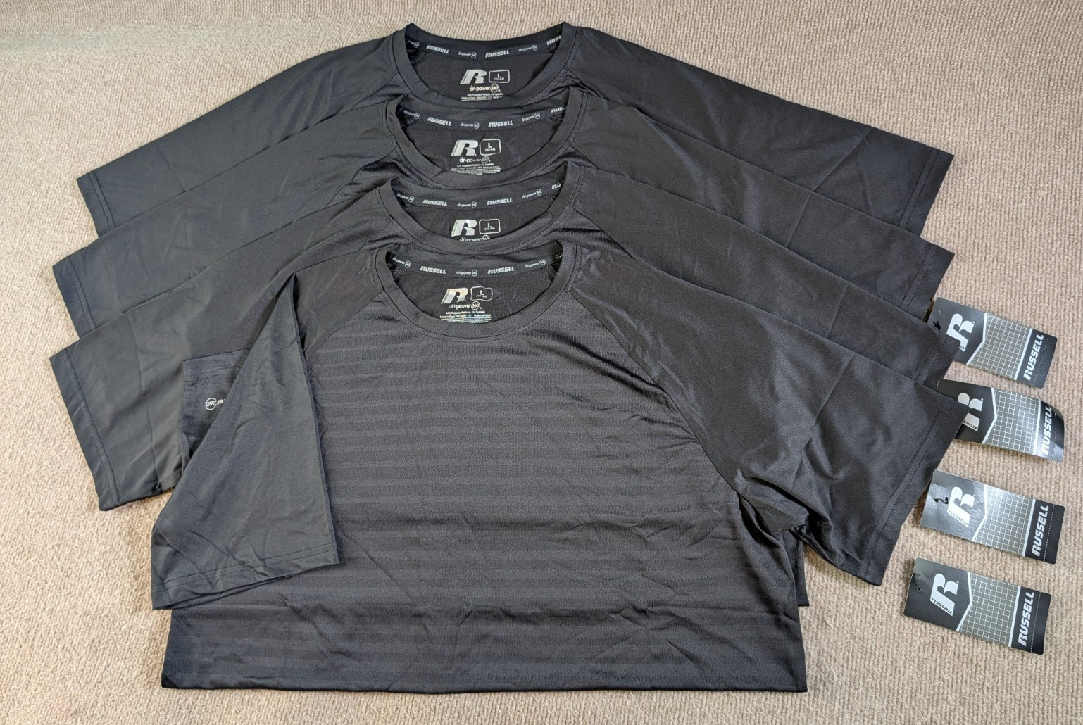 Lot of 4 Russell Athletic T Shirt Men L Dri Power 360 Black Asymmetrical Striped