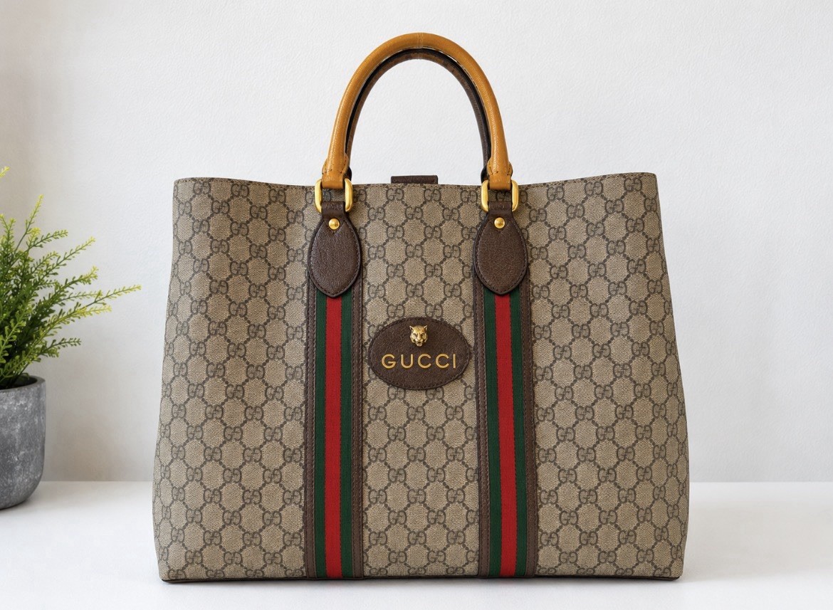 Gucci GG Pattern Web Stripe Tote Bag Zip Top Handle Beige Brown Gold
