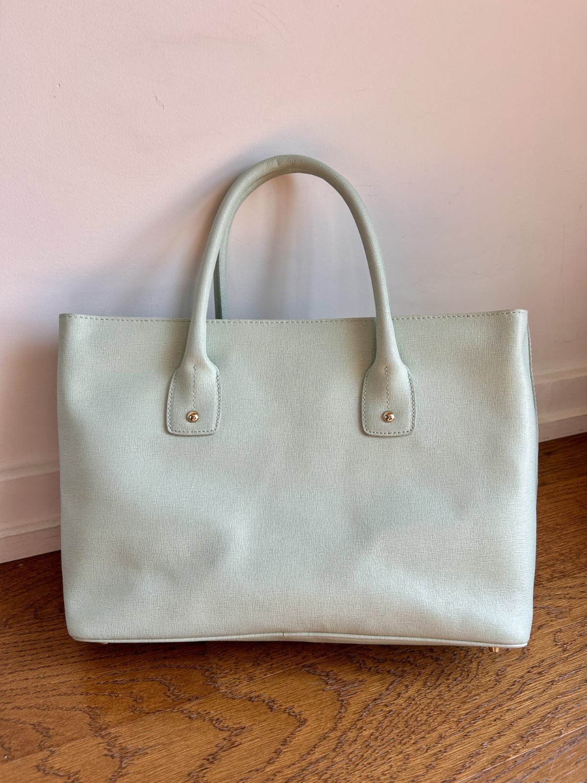 Furla Mint Green Divide It Leather Tote Bag Medium Handbag Gold Hardware Italian