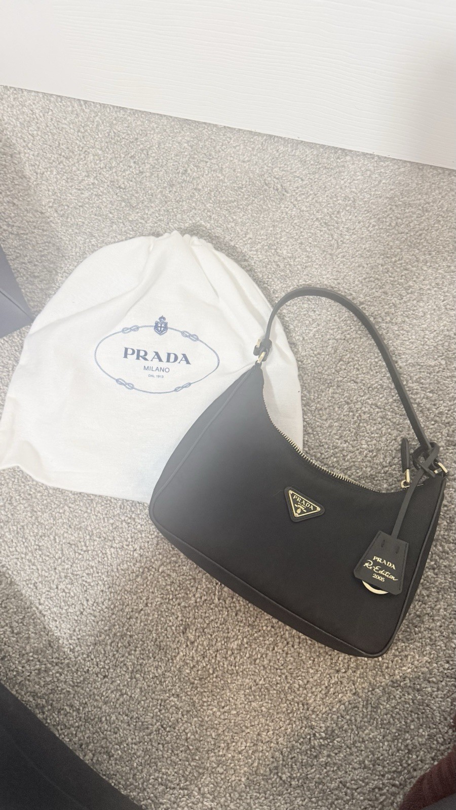 PRADA Re-Edition Black Shoulder Bag Zip Top Gold Hardware Dust Bag Card