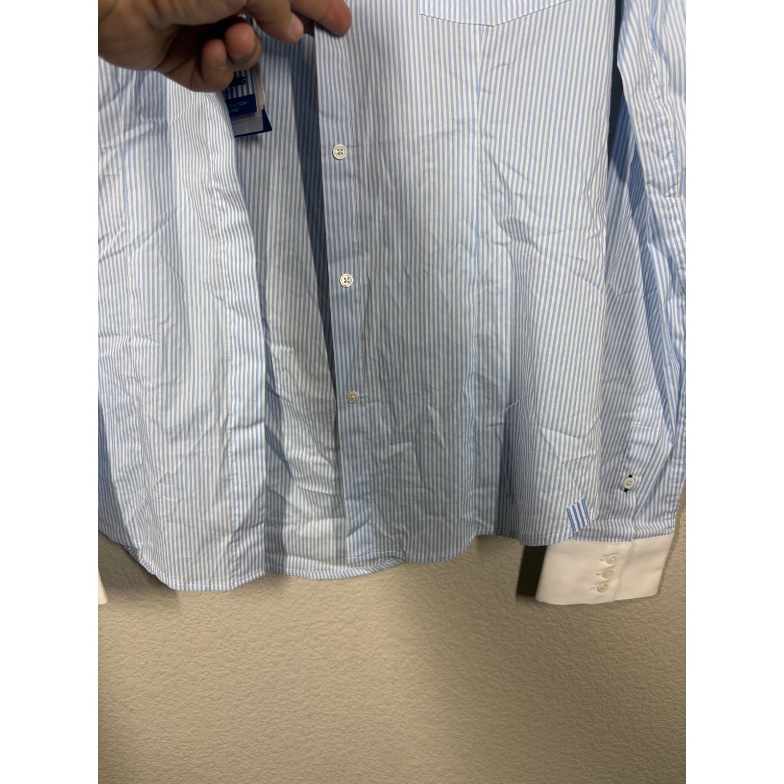 Les Canebiers Large Flat Collared Button Up Shirt Sky Blue Striped Cotton Blend