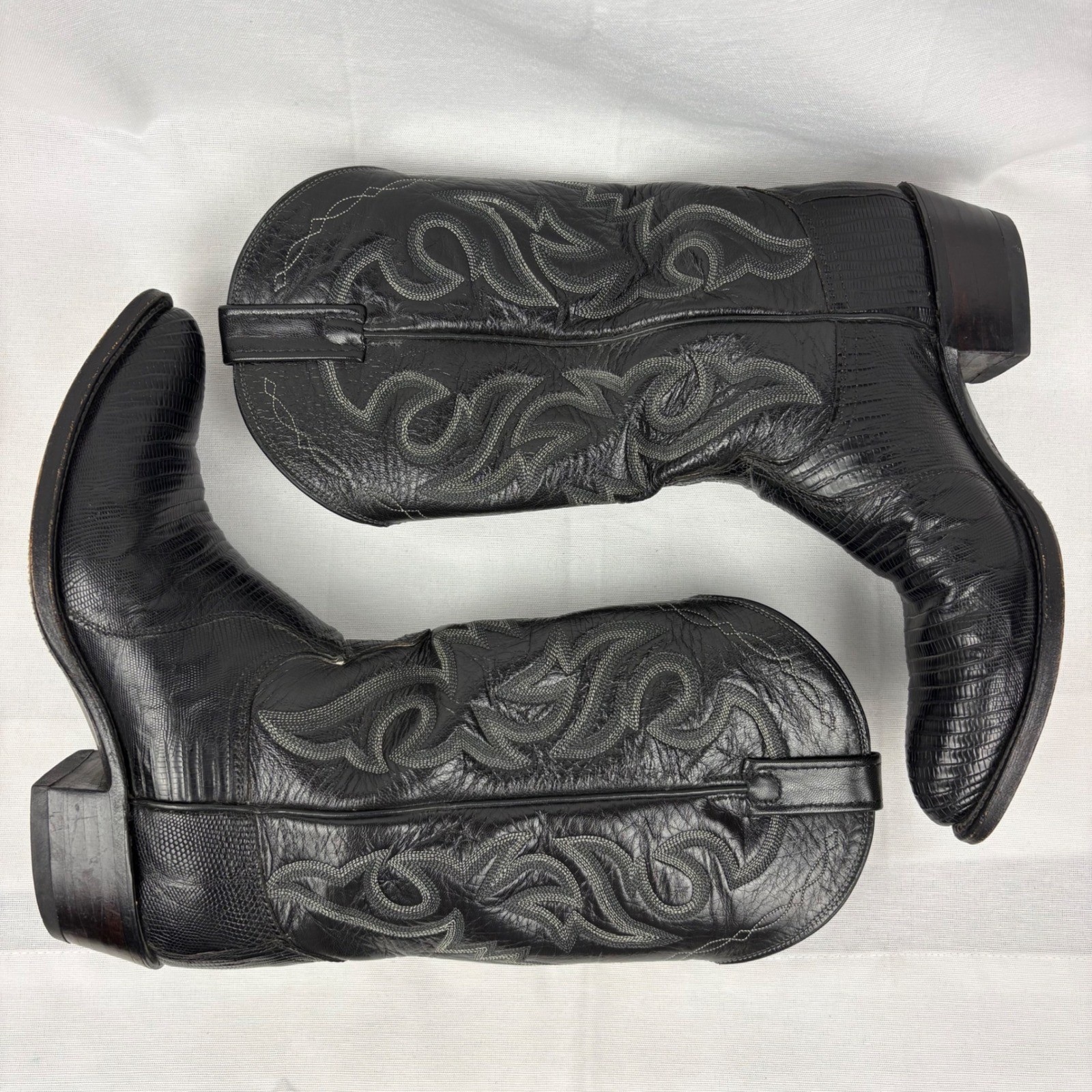 Vintage Dan Post Cowboy Boots Teju Lizard Size 8EW Black Exotic 350J Pointed Toe
