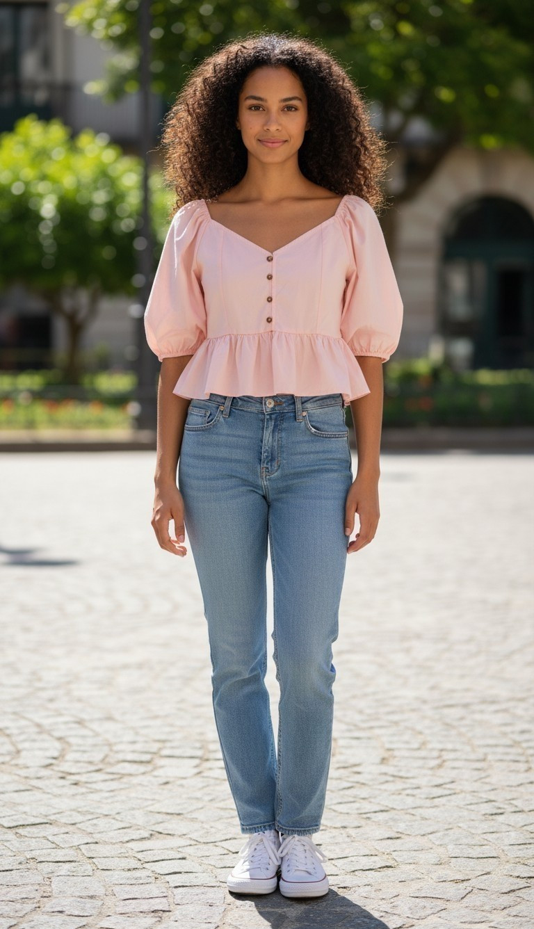 DAZY Women’s XL Pink Solid Square Neck Puff Sleeve Smocked Peplum Blouse