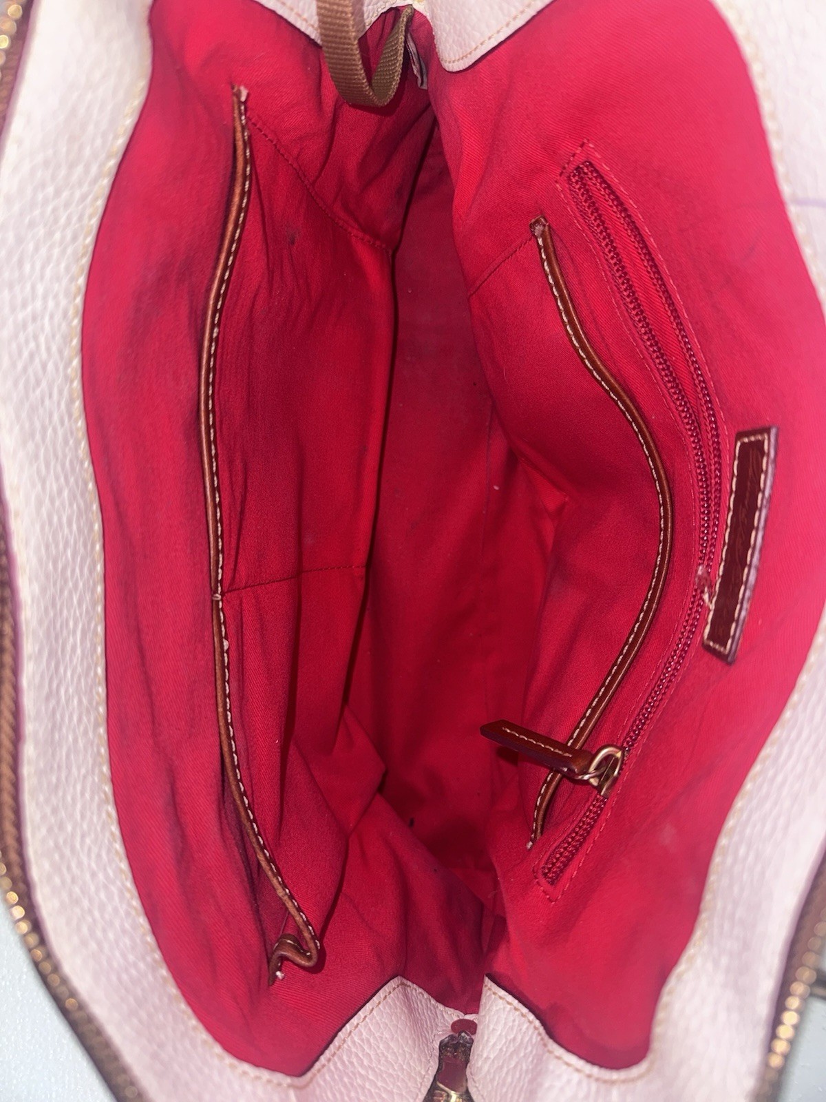 Dooney & Bourke White/Brown Leather Top Handle Zip Bag Red interior