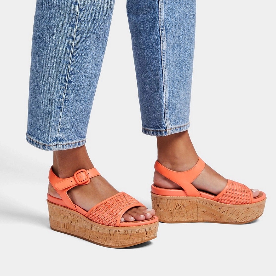 Fitflop Eloise Cork Wrap Woven Back Strap Platform Sandals Sunshine Coral 8