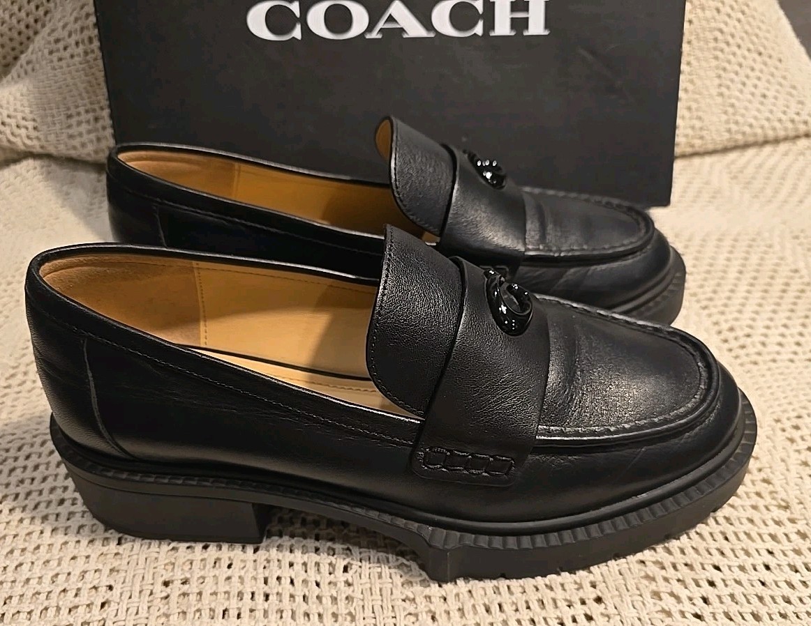 Coach Leah Loafer Shoes Womens Size 8 Black Patent Platform Lug Sole Boxed
