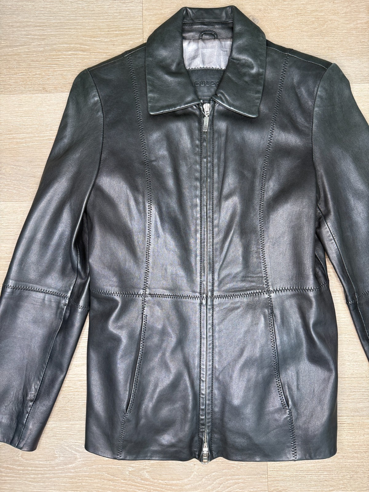 Vintage Guess Genuine Leather Jacket Women’s Black Moto Biker Zip Coat Size S