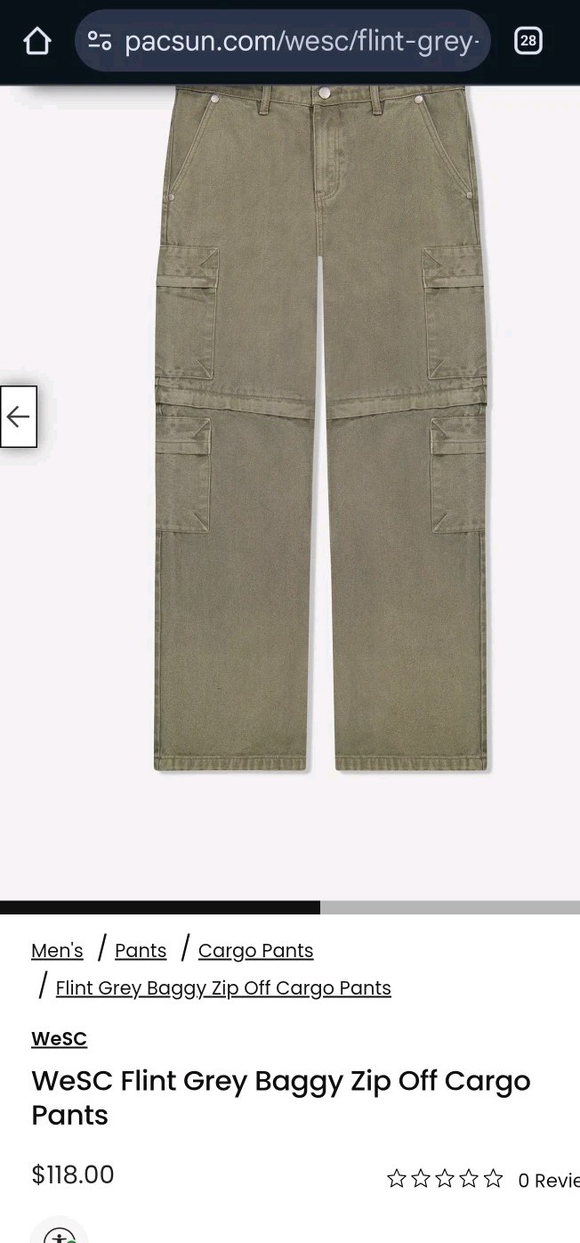 WeSc Flint Grey Baggy Zip Off Cargo Pants to Shorts (NWT) Men’s W32 L32
