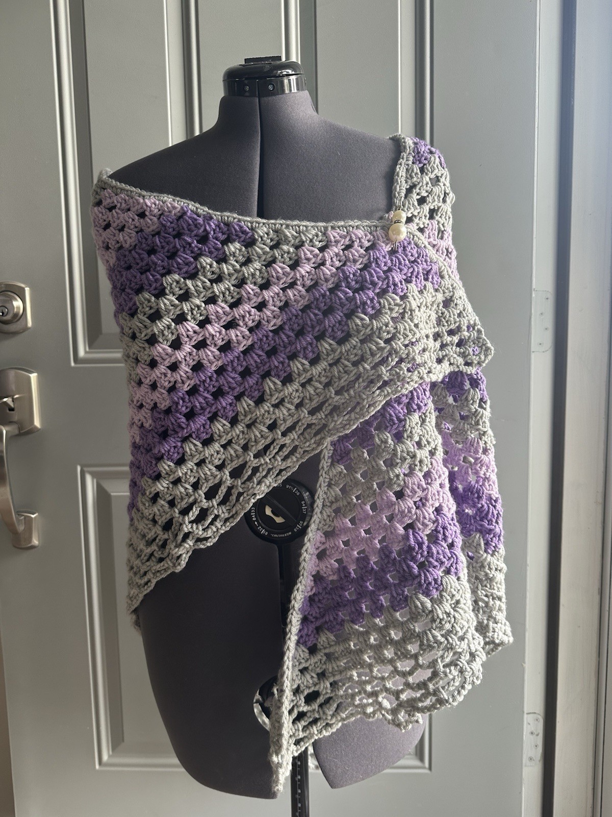 Handmade Crochet Triangle Shawl Purple Gray Wrap Machine Wash 78″ X 61″ Thick