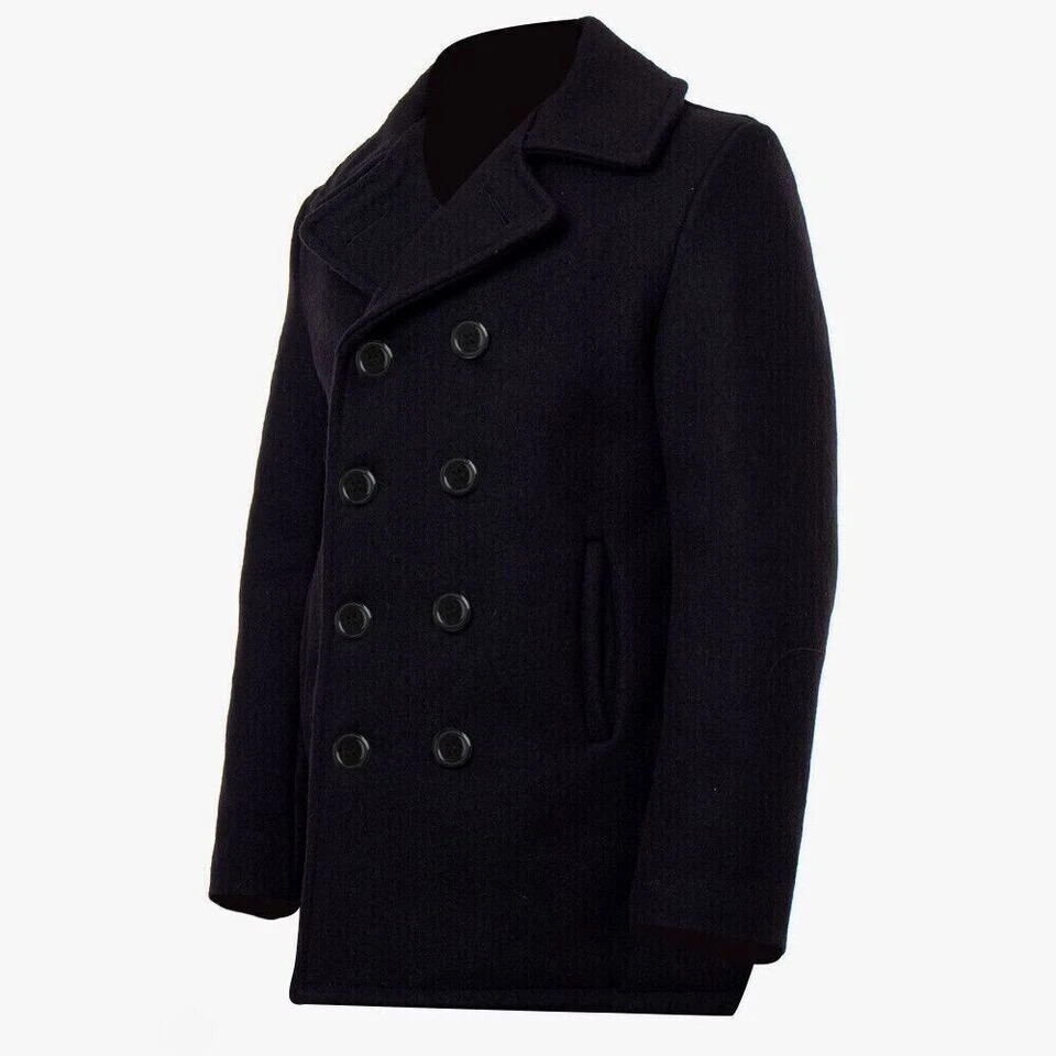 New Mens US Navy Black Pea Coat Formal Winter Warm 100% Wool Coat Military Style