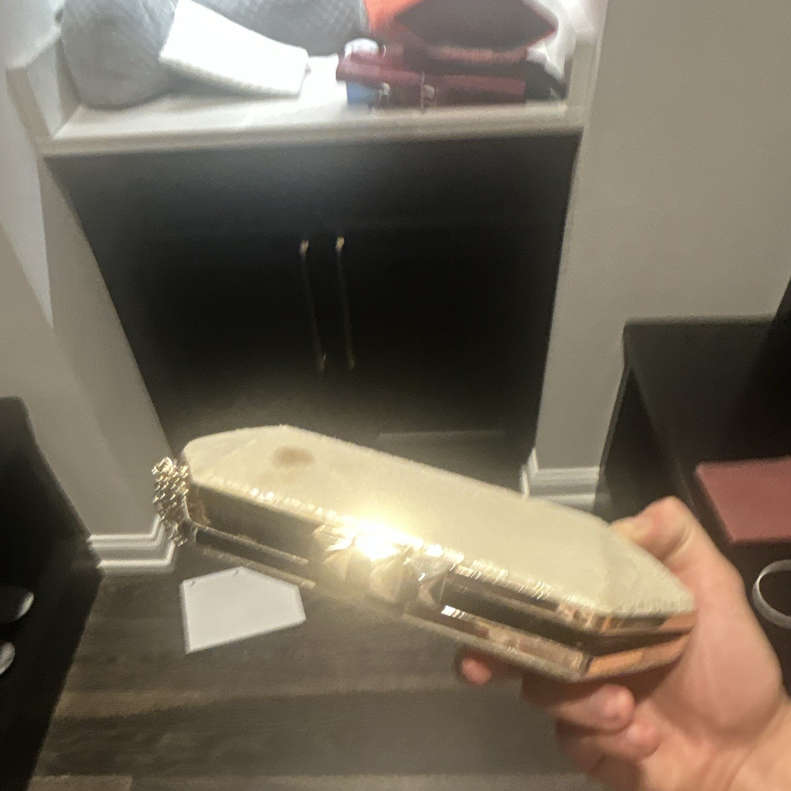 BCBGMAXAZRIA Ivory Snakeskin Clutch Gold Chain Strap Logo Clasp Lined