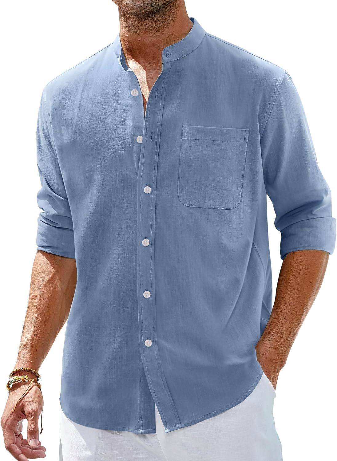 Men’s Linen Button Down Shirt Long Sleeve Band Collar Casual Beach Top
