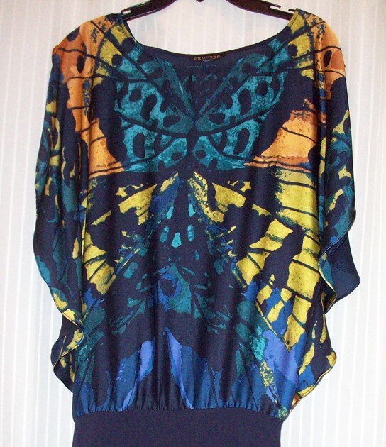 EXPRESS Butterfly Print Satin Flutter Sleeve Blouson Navy Blue XS Mini Dress EUC