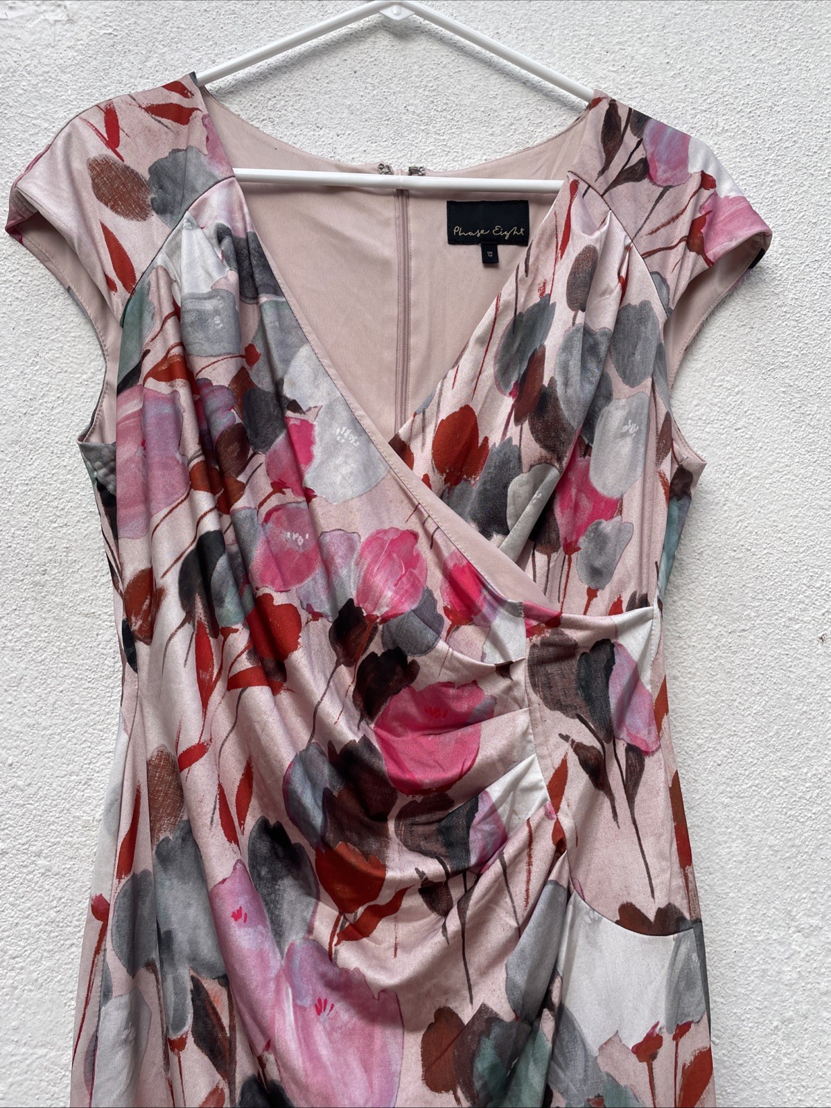 Phase 8 Pencil Dress Womens 12 38” Pink Floral Tulips Short Sleeve Wedding Party