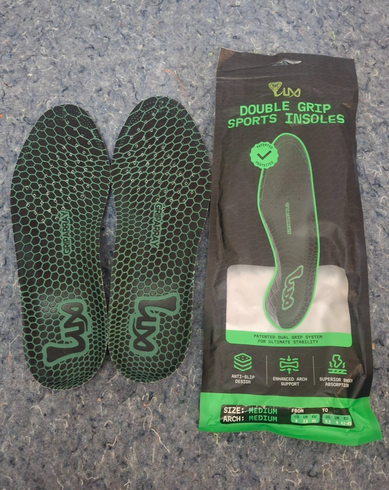 Lux Sport Double Grip Insoles Size Medium 8-9.5 Arch Support Dual Grip Array