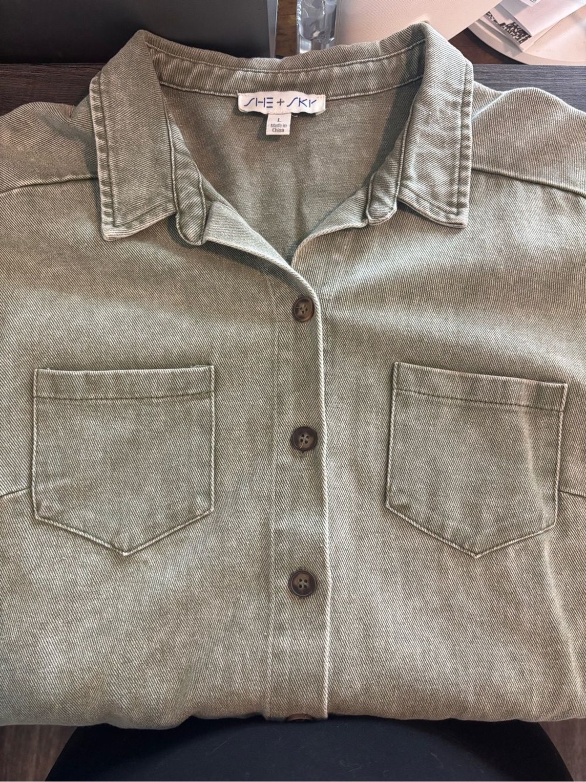 She + Sky Olive Green Mineral Wash Shirt Dress Womens Large Sleeveless Button