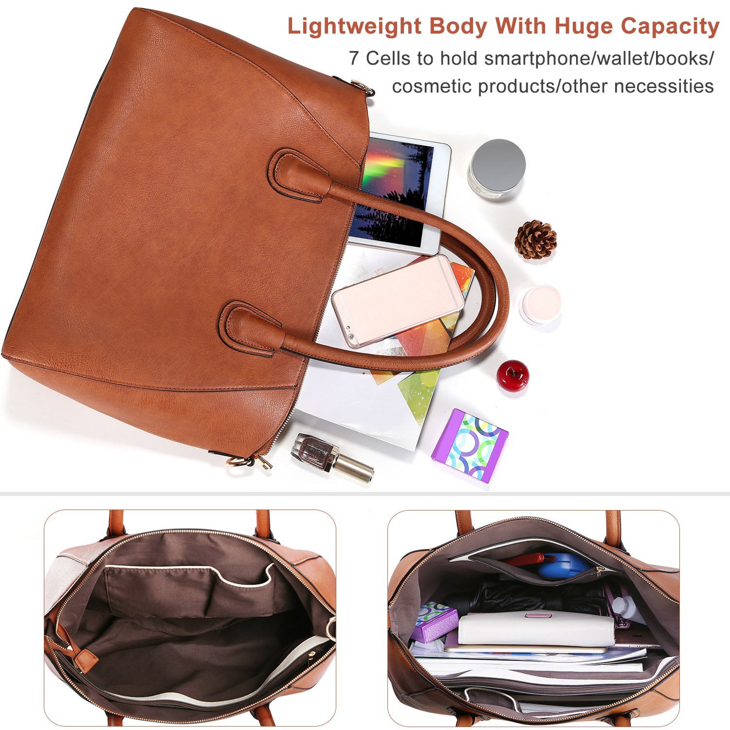 Caramel Brown‌ Handbag Shoulder Bag PU Leather Zipper Tote Bag Satchel for Women