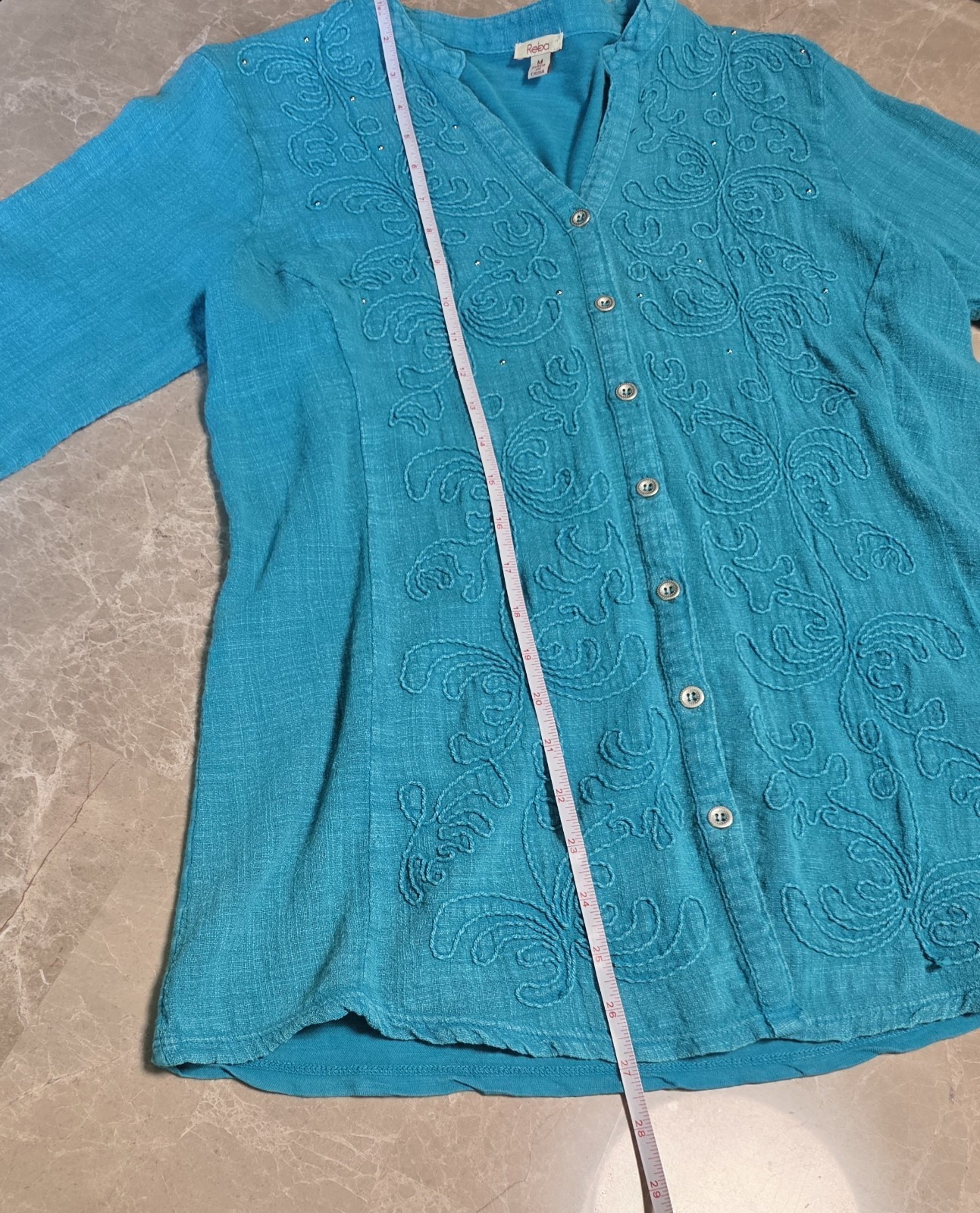 Western Turquoise Embroidered Button Front Blouse Artisan Teal 3/4 Sleeve Top M