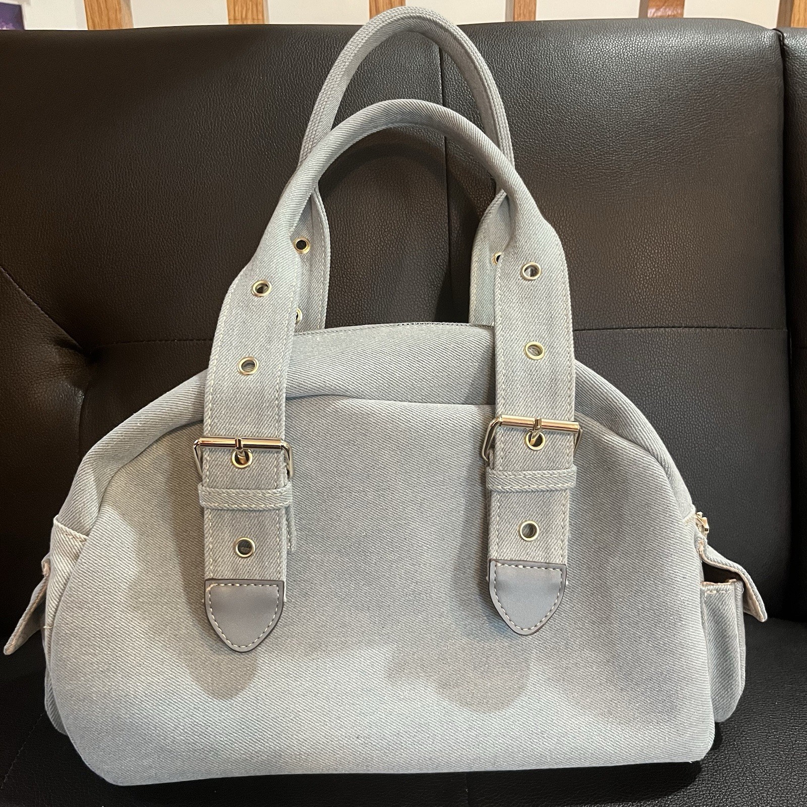 True Religion Light Blue Logo Satchel Top Handle Zip/Snap Gold Hardware Charm