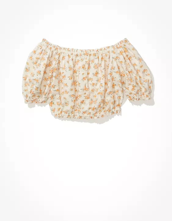American Eagle Off the Shoulder Bubble Blouse Womens XXL Cream Floral Linen Crop