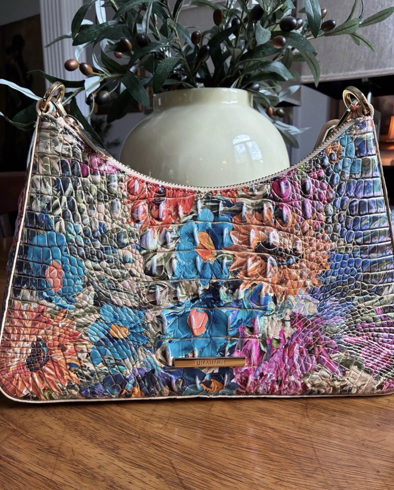 Brahmin Multicolor Floral Embossed Women’s Shoulder Bag Gold Chain Strap Zip