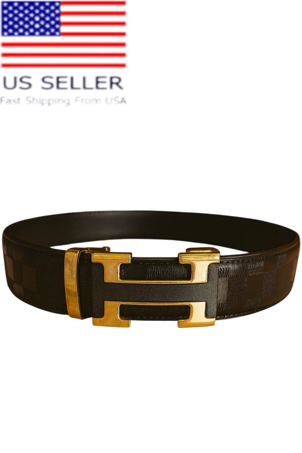 Elegant Fashion Belt Gold Brass Buckle PU Leather Black Length 46 in New