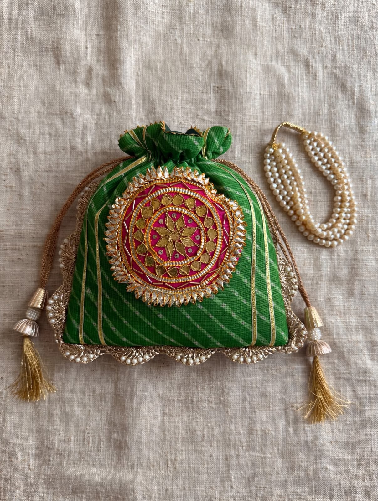 Indian Green Leheriya Gotta Handwork Flower with Pearl Lace and Handle Potli Bag
