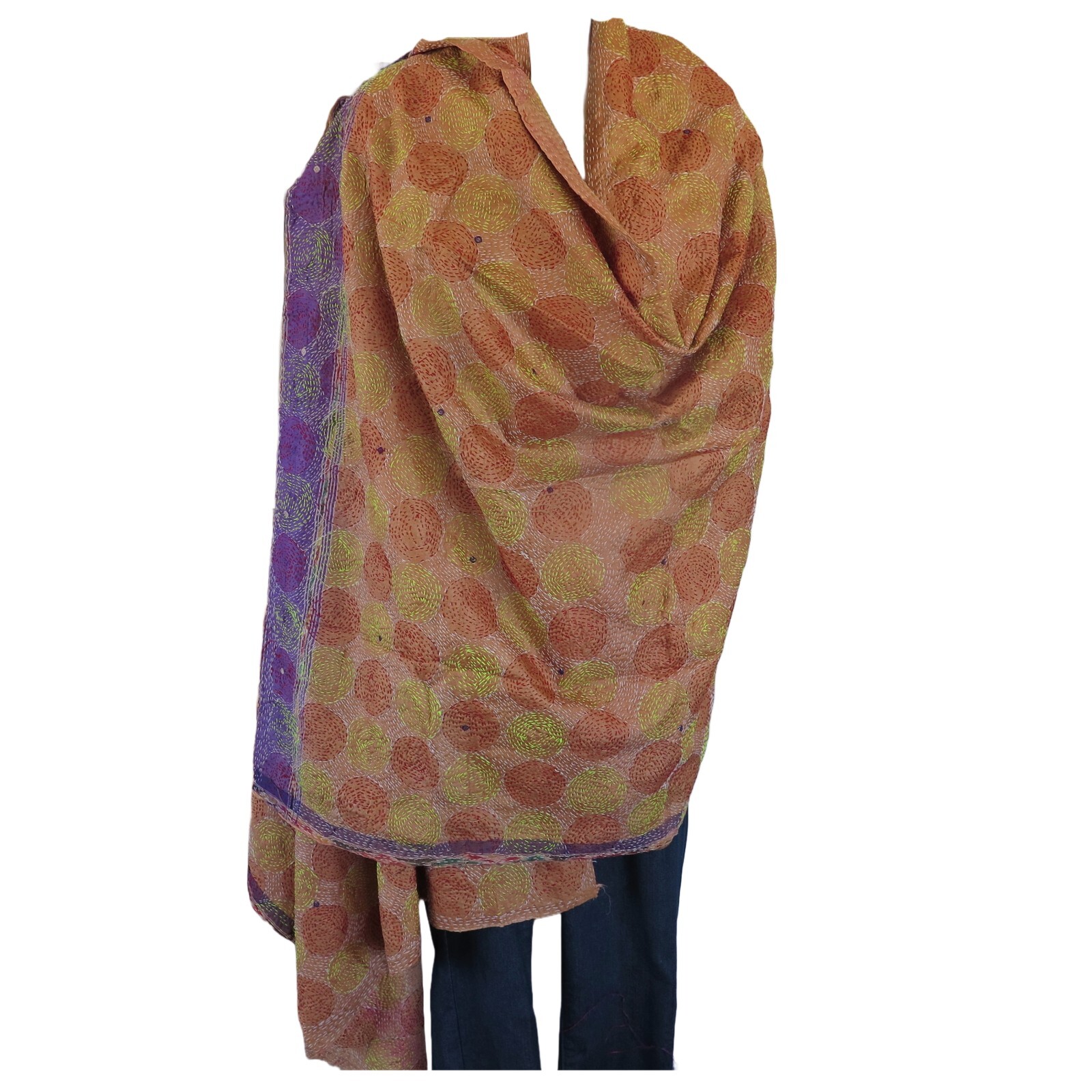 Raw Silk Shawl|Handmade|Kantha Style|Double|Stitched Circle Pattern|Reversible