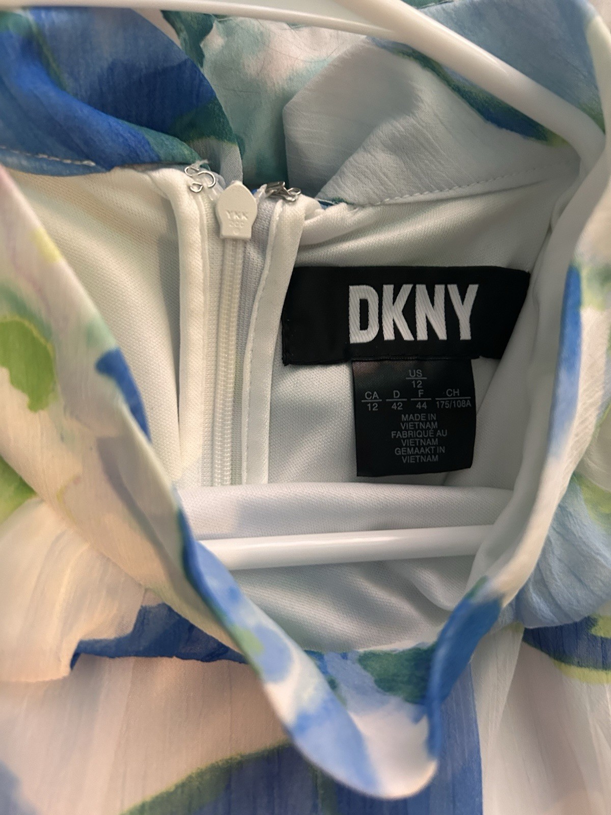 DKNY Women’s Size 12 Abstract Chiffon Halter Maxi Dress Lined Zip White