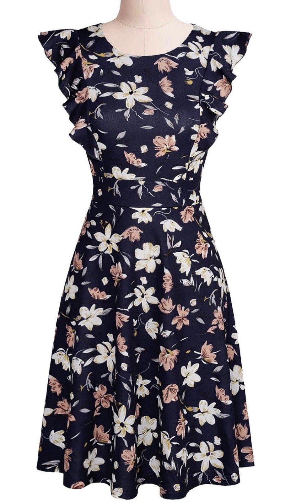 Yathon Navy Floral Ruffle Flutter Sleeve A-Line Knee Length Round Neck Dress