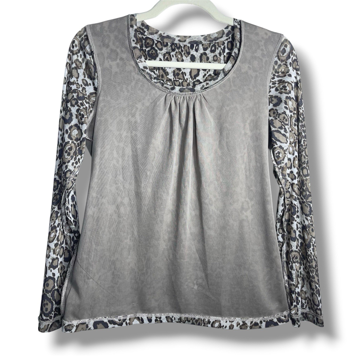 Liz Claiborne Leopard Animal Print Mesh Blouse Sheer Sleeves Stretch Knit, S