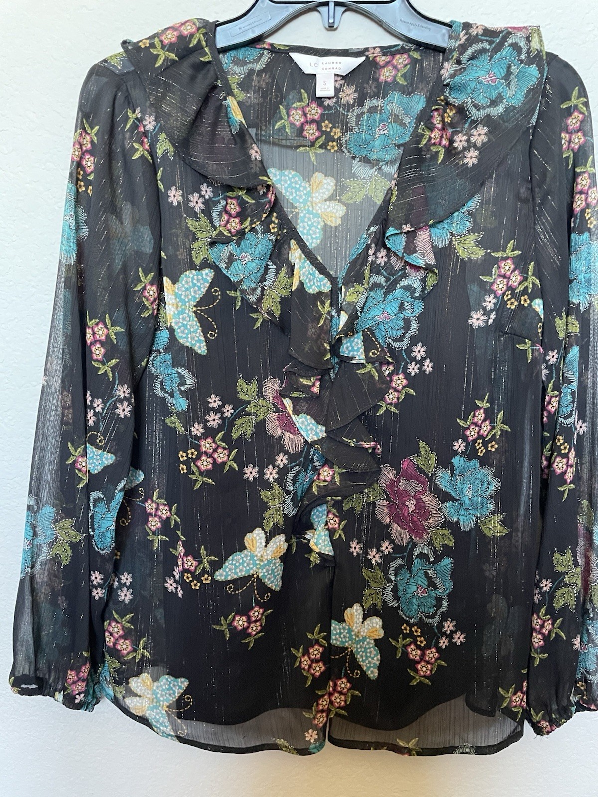 LC Lauren Conrad Women’s S Black Floral V-Neck Sheer Ruffle Long Sleeve Blouse