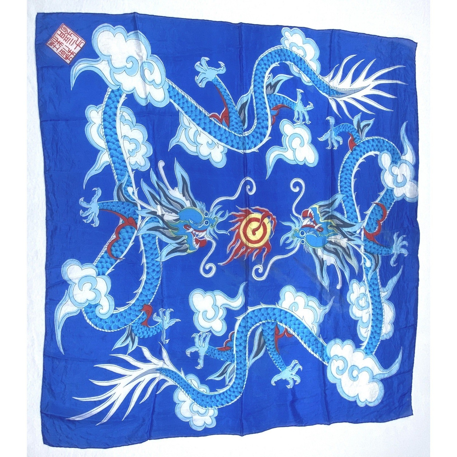 Vintage Chinese Blue Silk Dragon Square Scarf Flaming Pearl Cloud Print 27×27