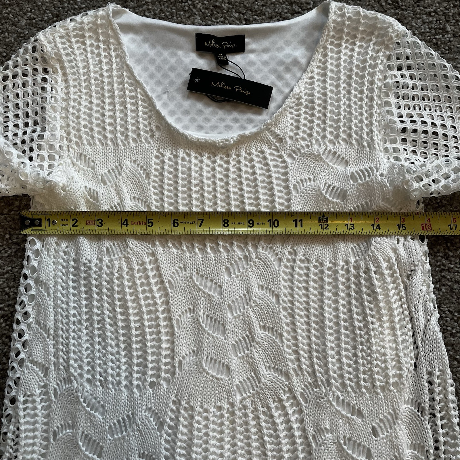 Crochet Lace Ruffle Top M White Cottagecore Lagenlook Boho Feminine 3/4 Sleeve