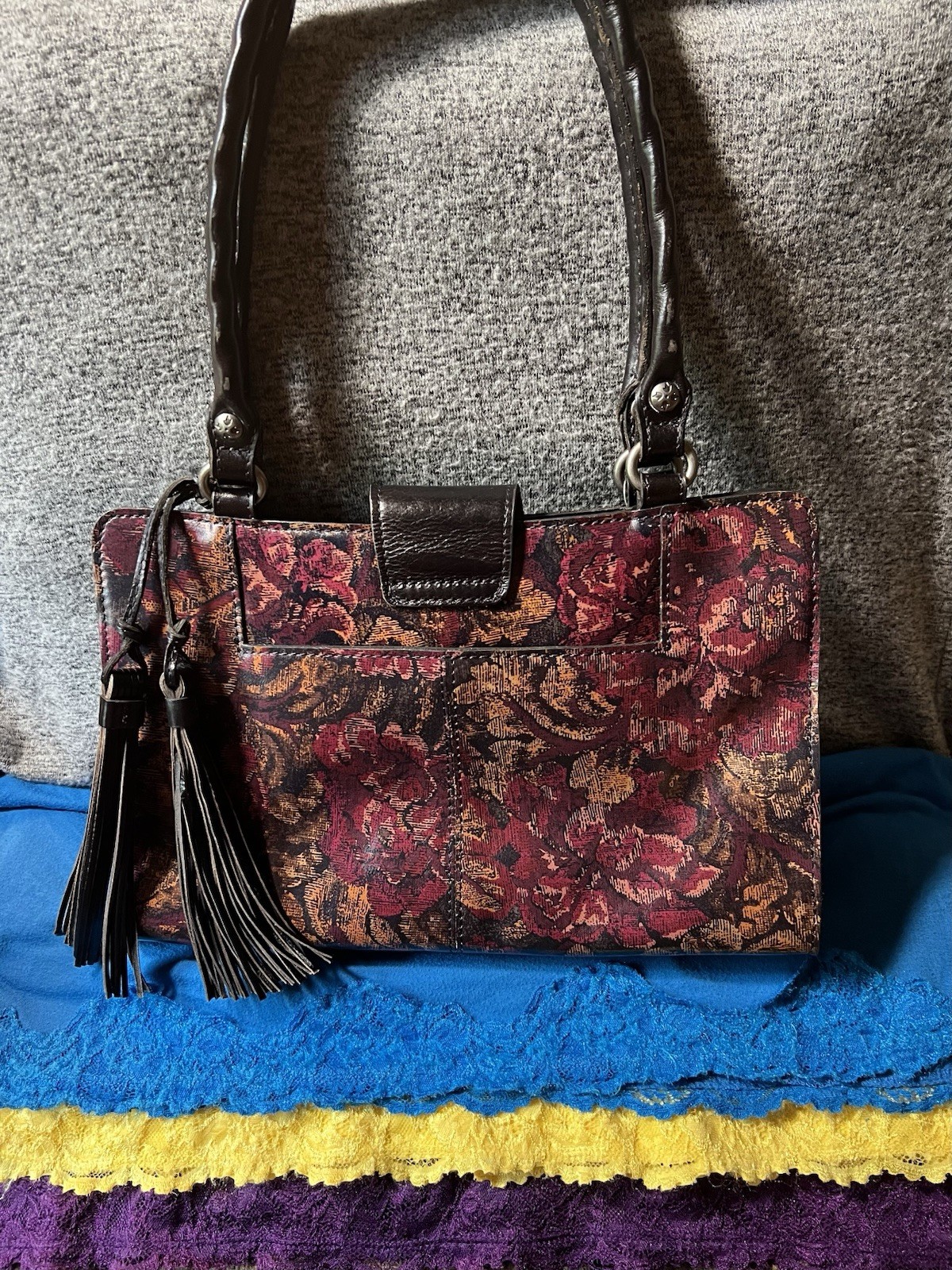 Patricia Nash Rienzo Wine Black Multi Floral Leather Tassel Carryall SnapSatchel
