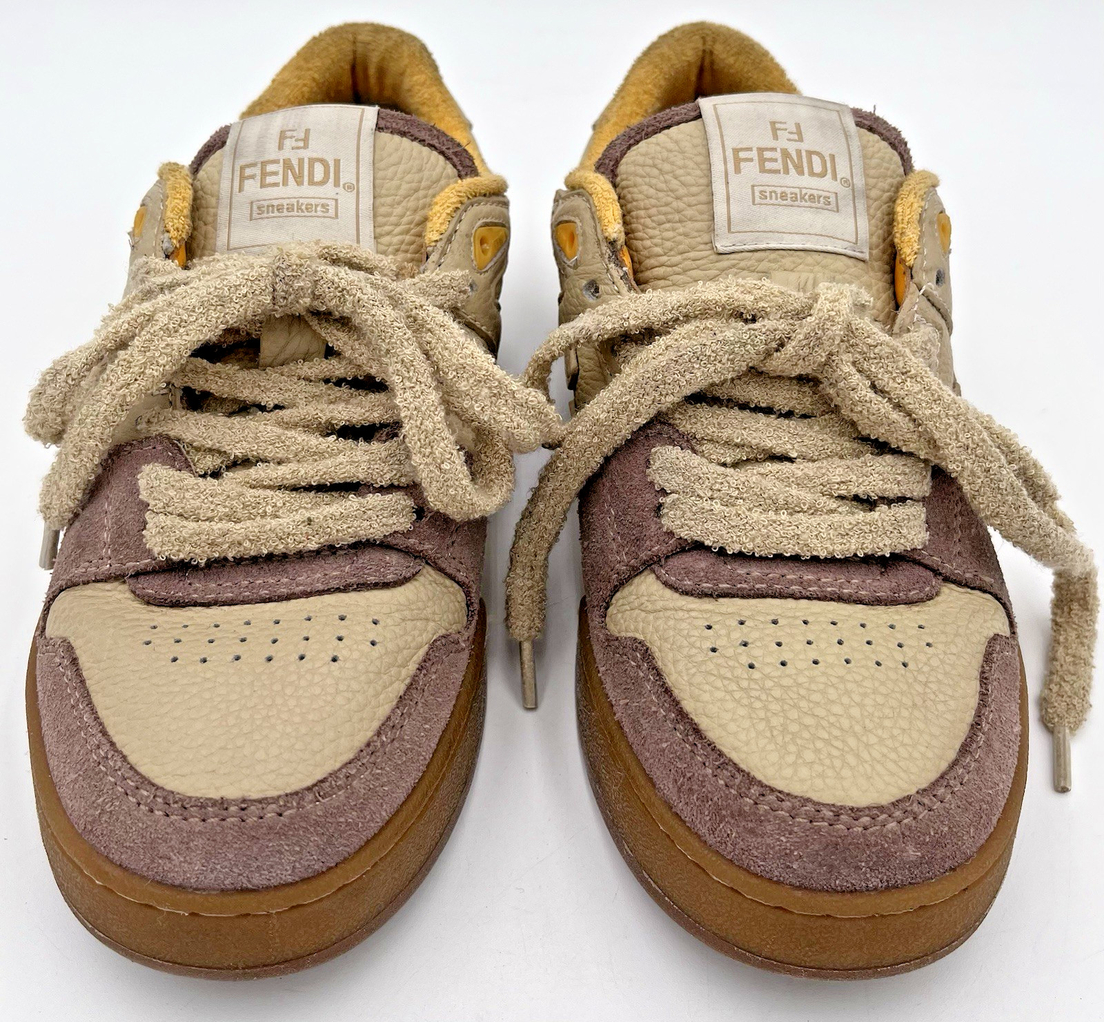 Fendi Match Low Top Bicolor Yellow/Beige Suede Leather FF Logo Sneakers Womens 8